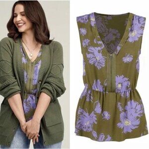 Cabi #4184 Celebrity Green Floral Print Zipper Front Sleeveless Blouse